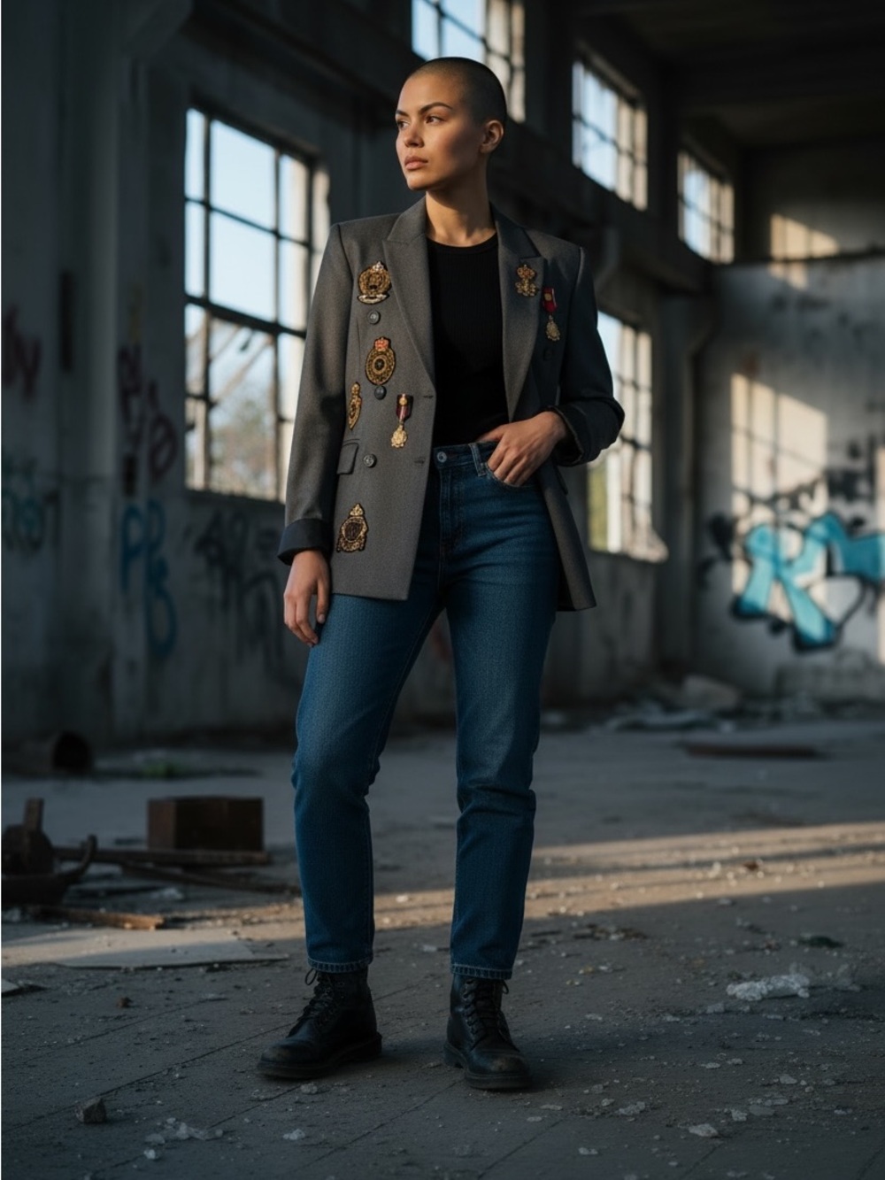 Tensione in Italian Women's Double-Breasted Gray Embellished Blazer